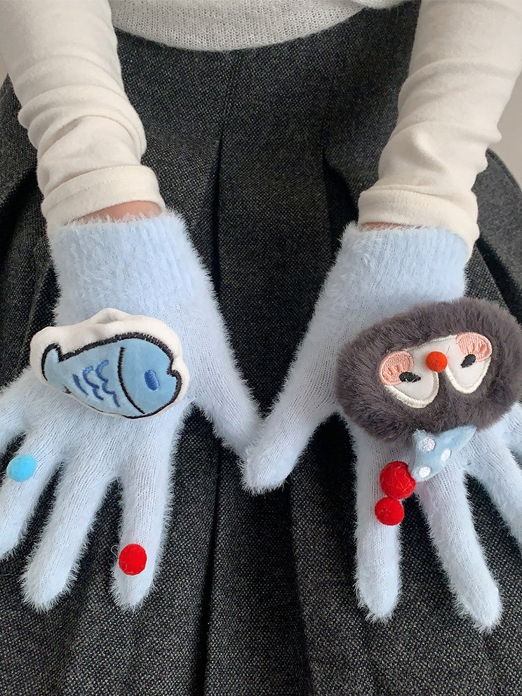 Faux (2 Fur Colors) Gloves Penguin Fish