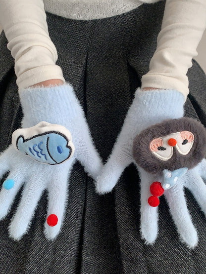 Faux (2 Fur Colors) Gloves Penguin Fish