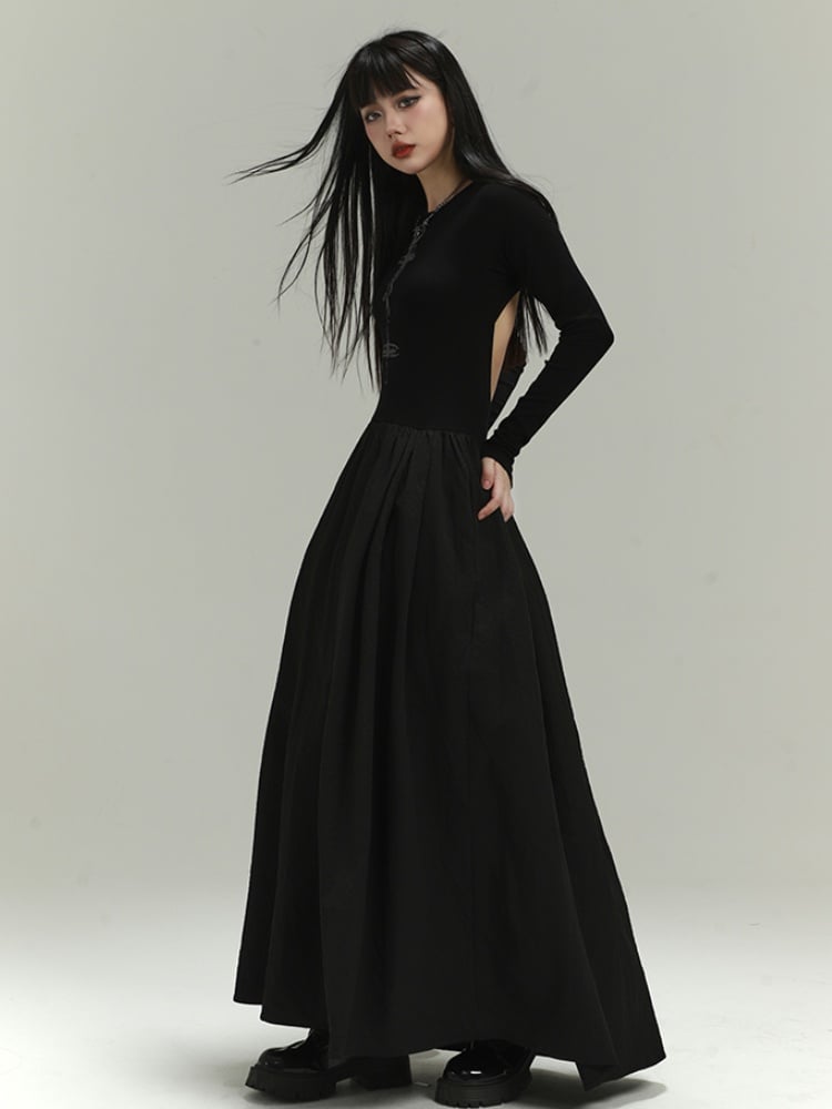 Gothic Black Backless/Covered-Back Round Neck Slim-fitting Dress