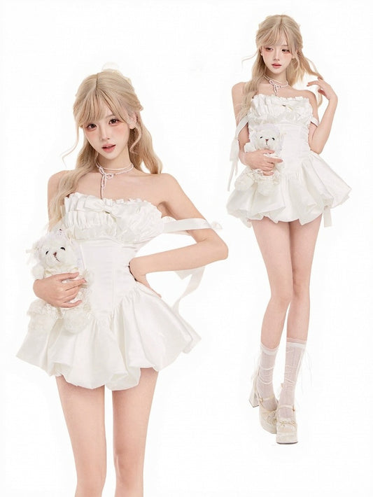 Elegant White Ruffle Trim Satin Strapless Dress + Bow Tie + Clear Shoulder Strap Set - serendipity