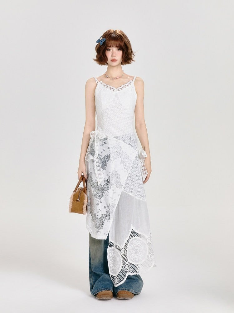 Lace Patchwork White Adjustable Layered Slip Dress - Girlyhalo