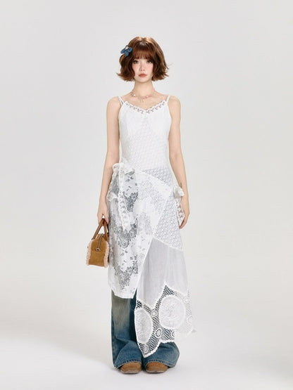 Lace Patchwork White Adjustable Layered Slip Dress - Girlyhalo