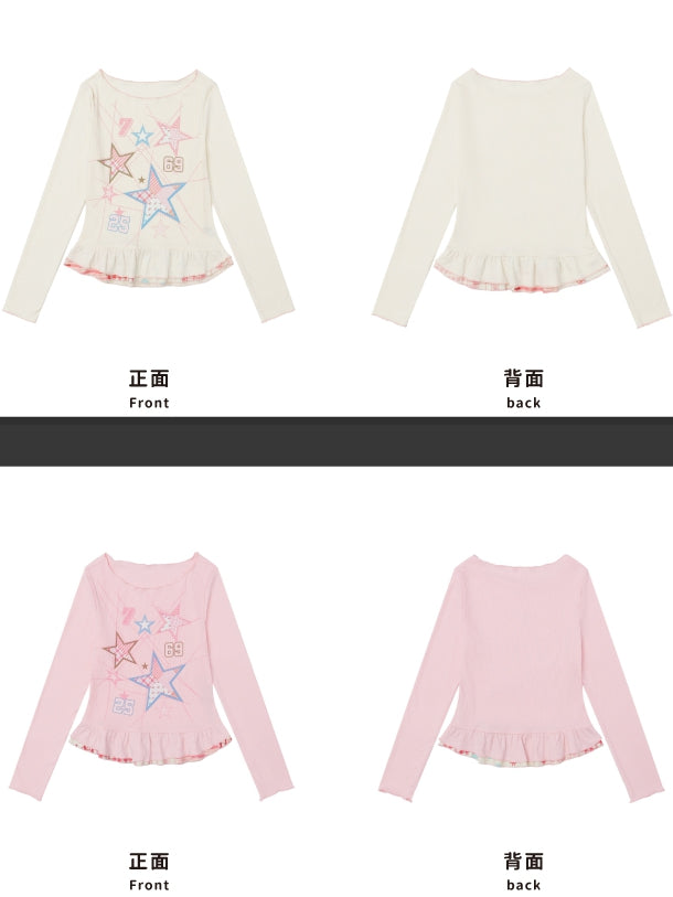 Pink Stars Print Long Sleeves Top Double Layered Ruffle Hem