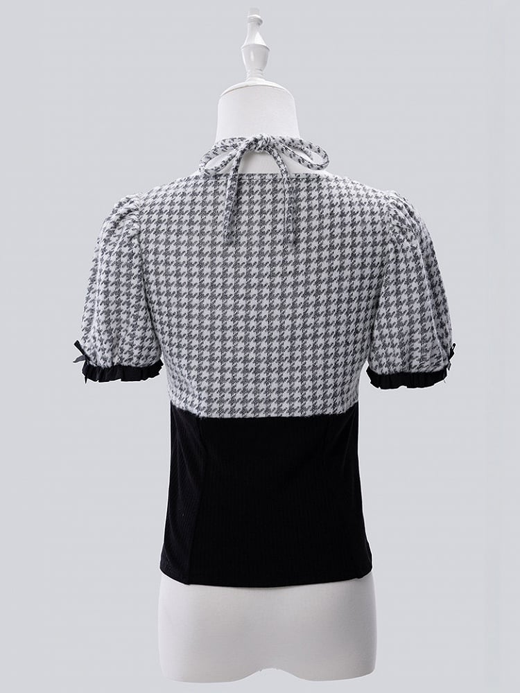Black Faux Two-Piece Houndstooth Halter Knit Top with Arm Warmers - Fluffy Heart