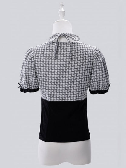 Black Faux Two-Piece Houndstooth Halter Knit Top with Arm Warmers - Fluffy Heart