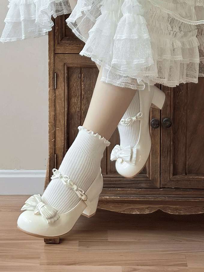 Toe Round Heart Bow Heels White with Details Accents Sweet Mid/Low Lolita