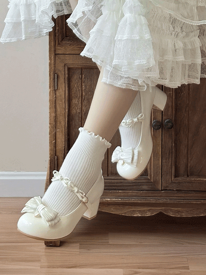 Toe Round Heart Bow Heels White with Details Accents Sweet Mid/Low Lolita
