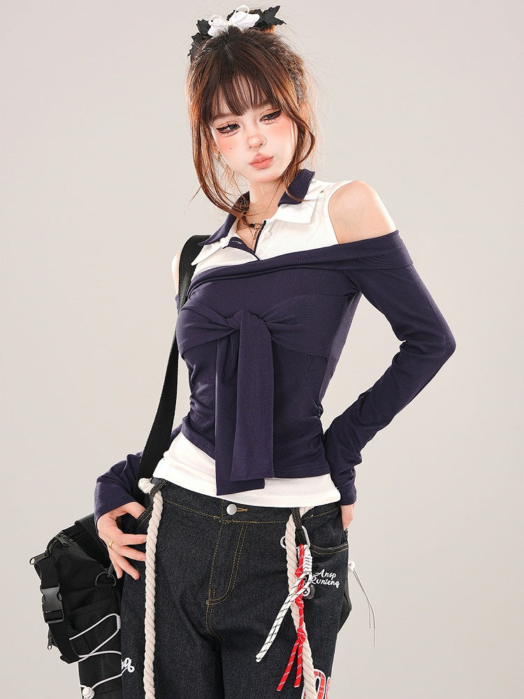 Marineblaues Patchwork-Top mit Krawattenakzent und Cut-Out-Schulter