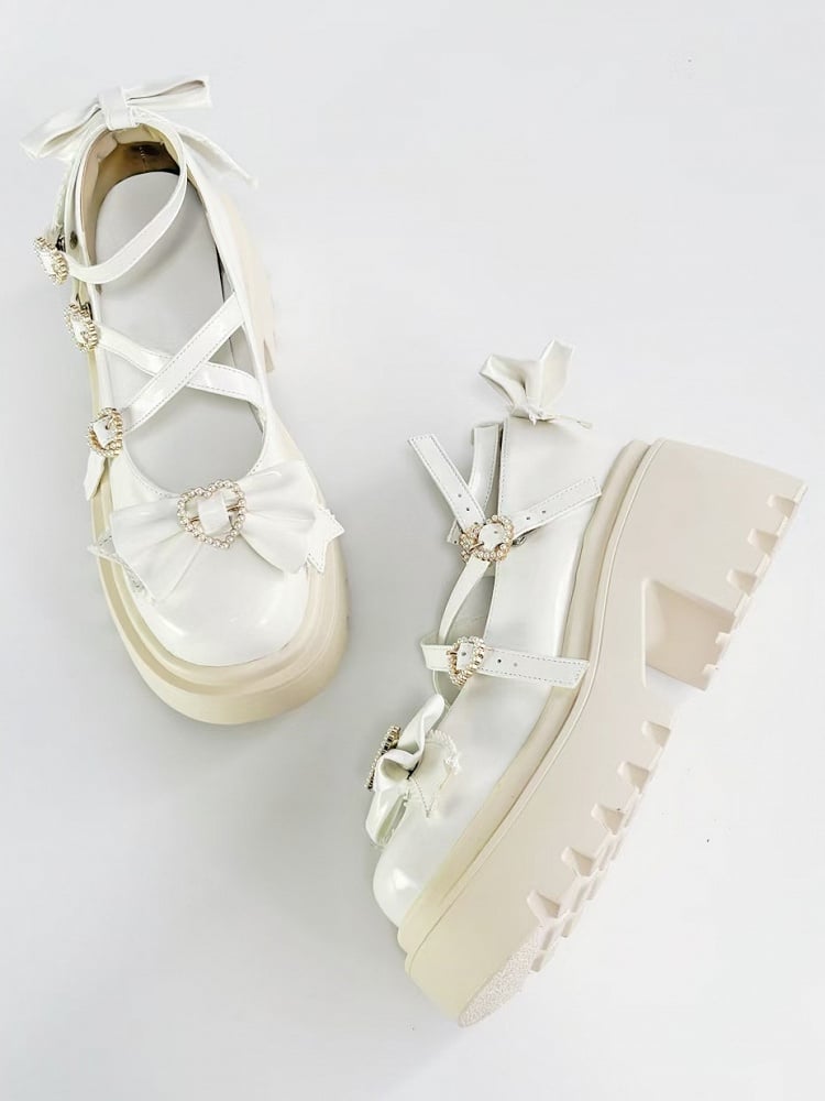 White Platform High Heels with Heart Buckle and Bow - Rainie Dream