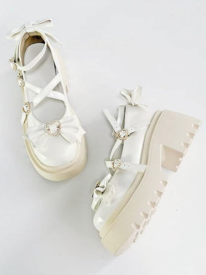 White Platform High Heels with Heart Buckle and Bow - Rainie Dream