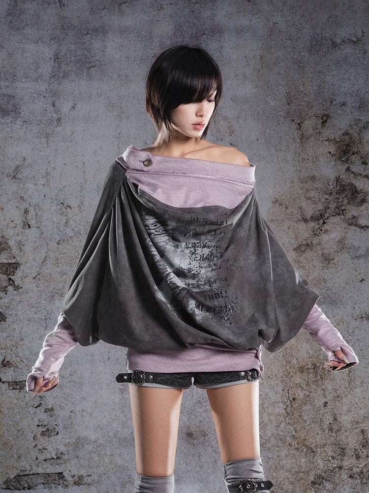 Sleeves Punk Two-piece Top with Batwing Gray-Pink