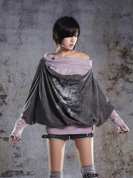 Sleeves Punk Two-piece Top with Batwing Gray-Pink