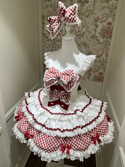 und Saum gewellter Kleiderrand mit süßem Rockmuster Lolita Gingham gestufter weißer Besatz rot