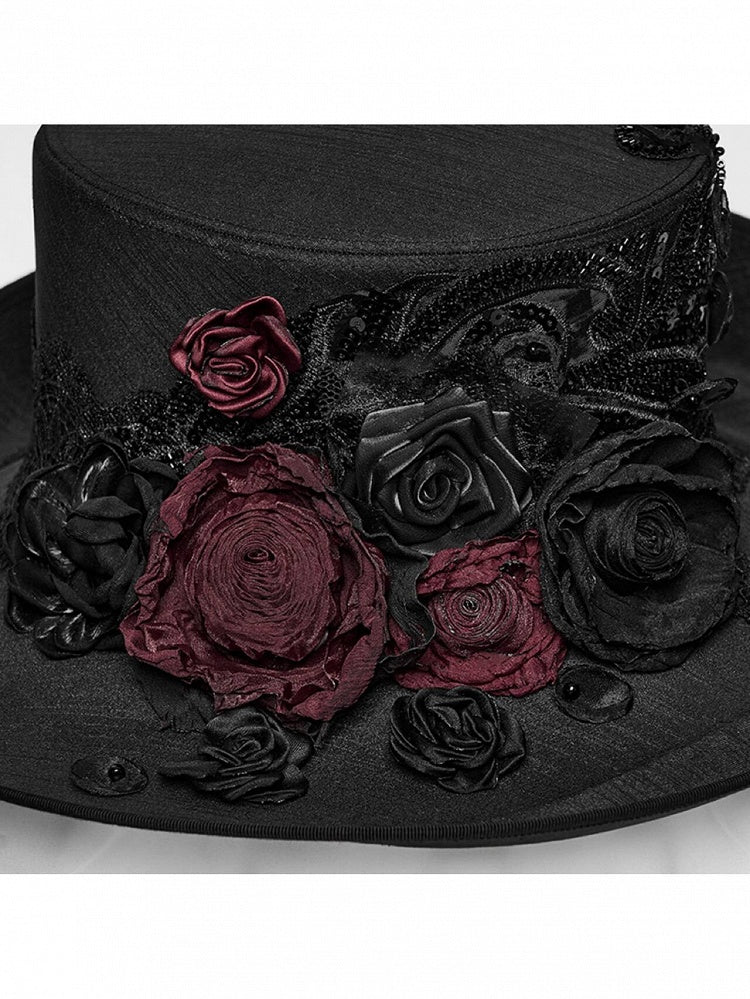 Victorian Rose Goth Feather Top Hat in Black & Red - Punk Rave