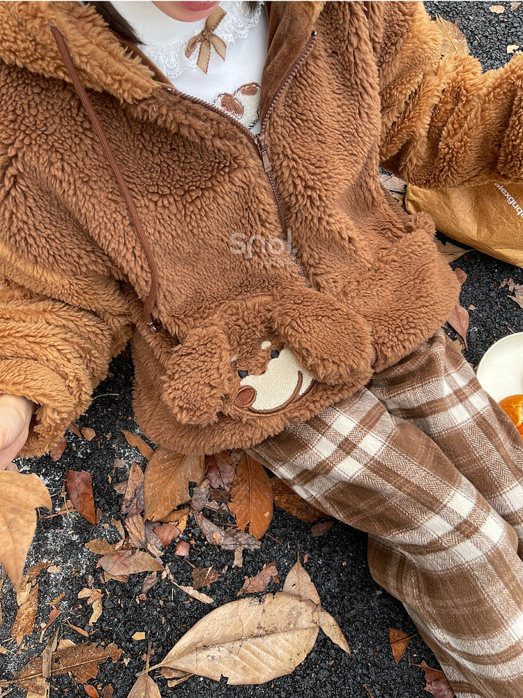 Brauner Fleece-Kapuzenpullover mit süßem Welpen-Taschendesign