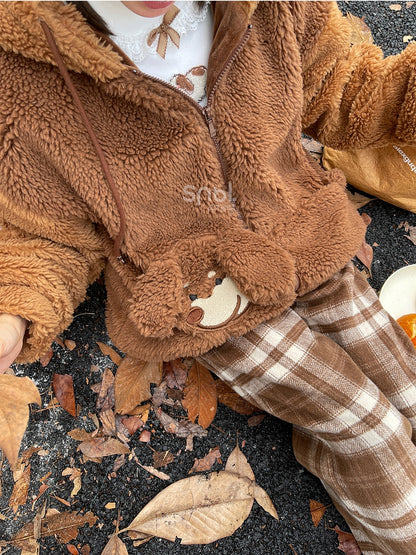 Brauner Fleece-Kapuzenpullover mit süßem Welpen-Taschendesign