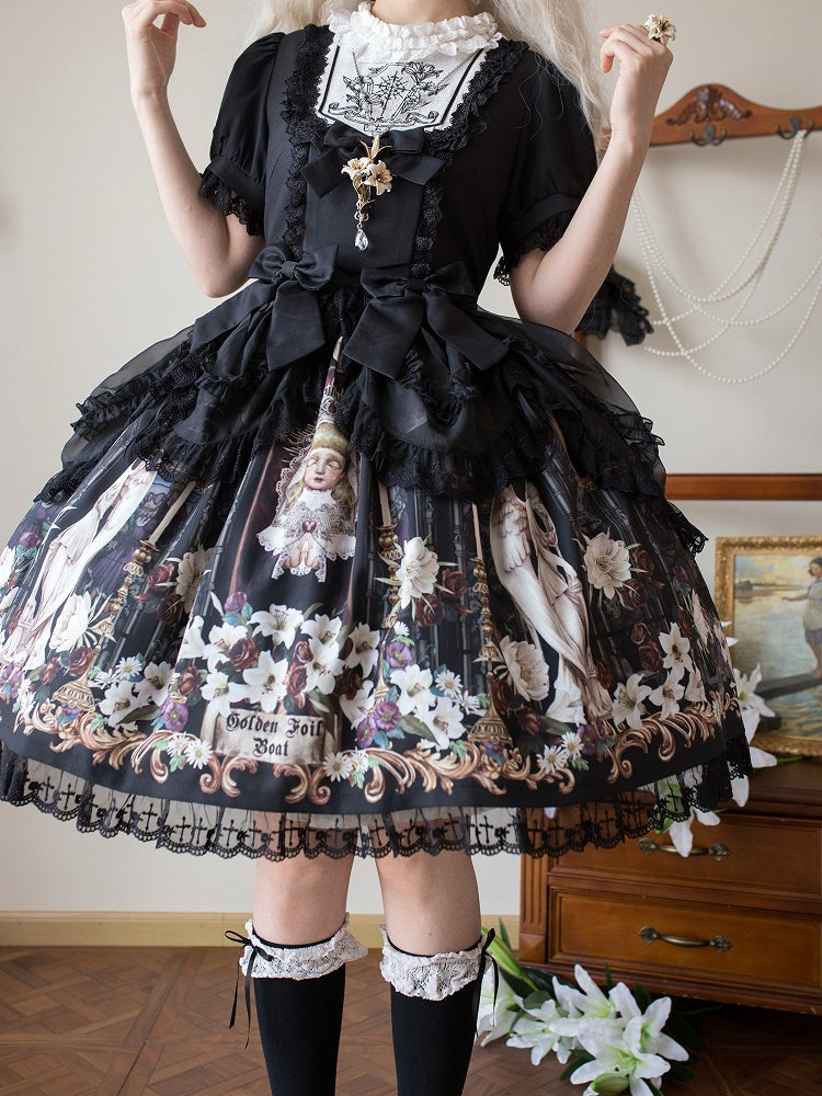 Lily and Puppet Doll Print Black Dark Gothic Lolita Short Sleeves Dress