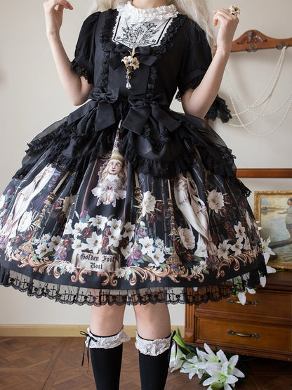 Lily and Puppet Doll Print Black Dark Gothic Lolita Short Sleeves Dress