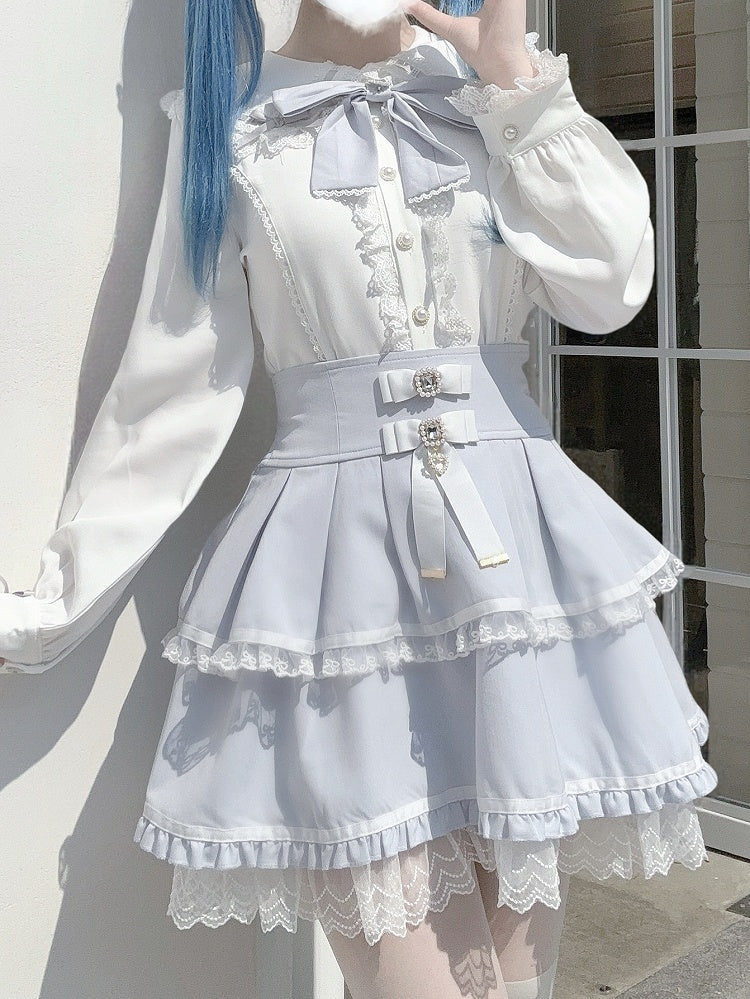 Trim Blouse Bow with Sleeve White Bunny-Ear Back Jirai Blue Kei Detail Lace Collar Long Light