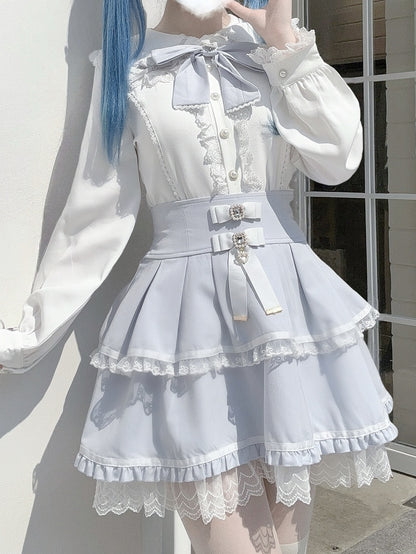 Trim Blouse Bow with Sleeve White Bunny-Ear Back Jirai Blue Kei Detail Lace Collar Long Light