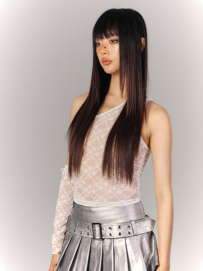 Jacquard Tank Lace Ribbon with Sheer White Tie Floral Top One-Shoulder Sleeves