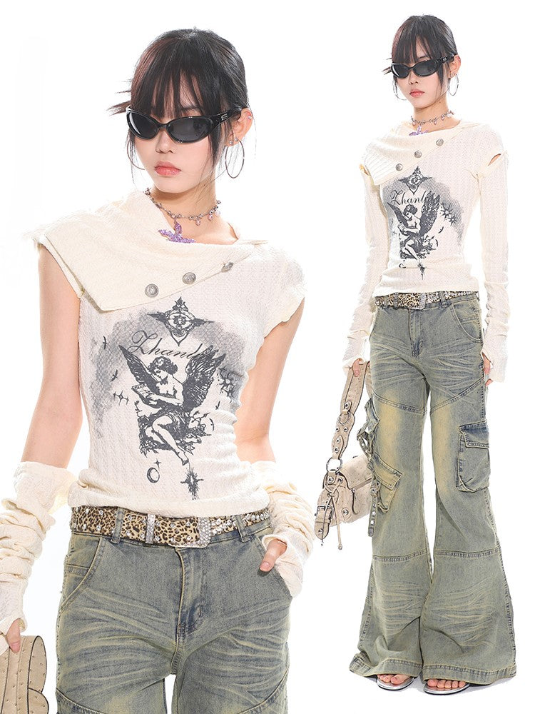 Collar Daily Knit T-shirt with Angel Print Asymmetrical Kawaii Beige