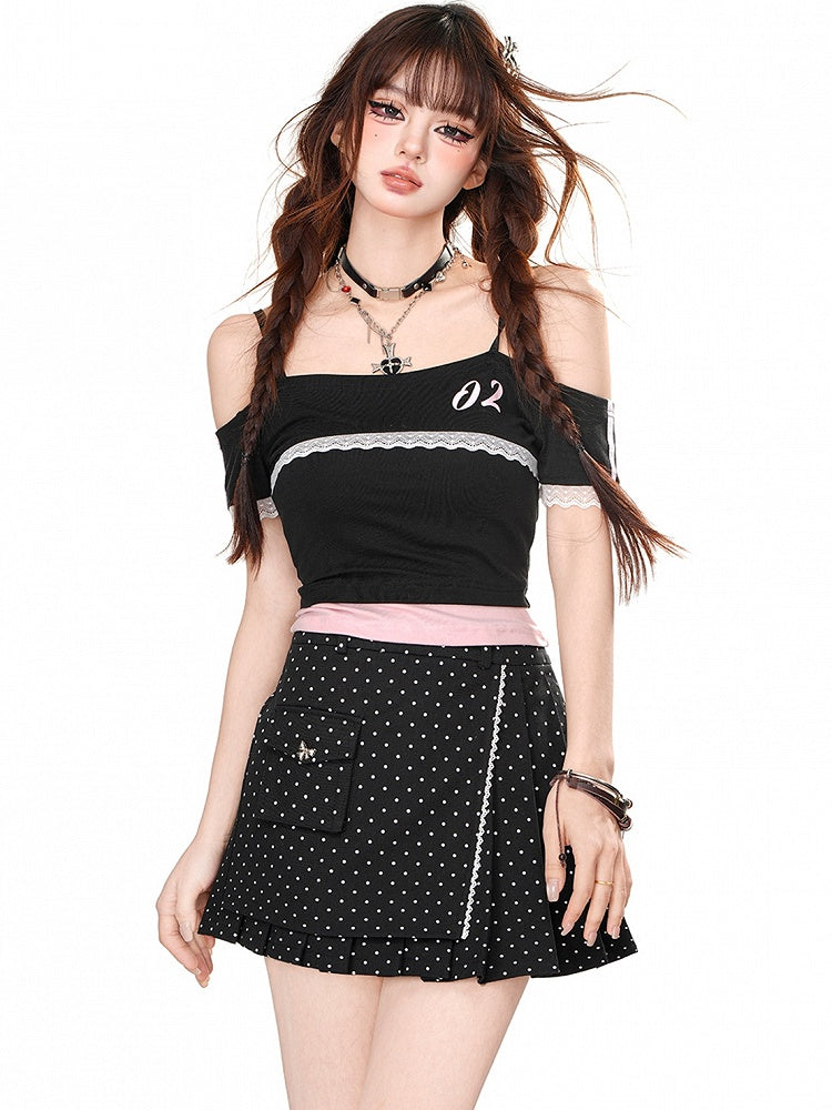 Schwarz/weißes Cami-Top mit Spitzenbesatz