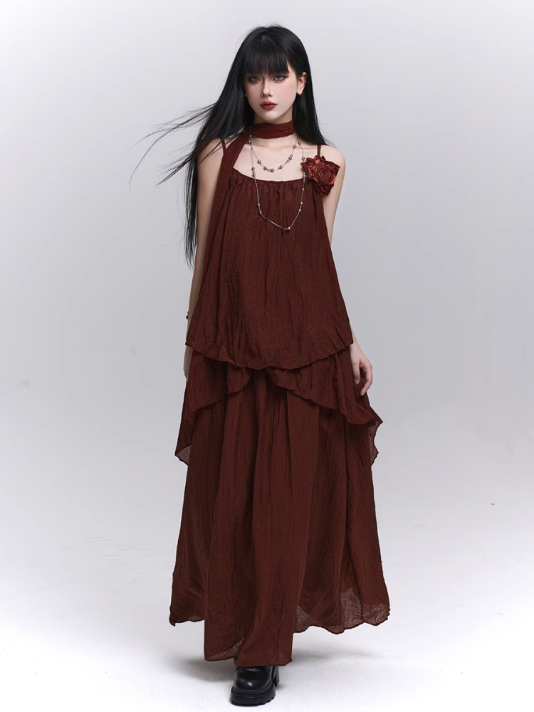 スカーフ装飾ワインレッドフローラル/キャミソールトップ