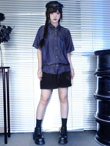 Purple Short Sleeve Shirt with Sea Lily and Drawstring - Quirky Hut