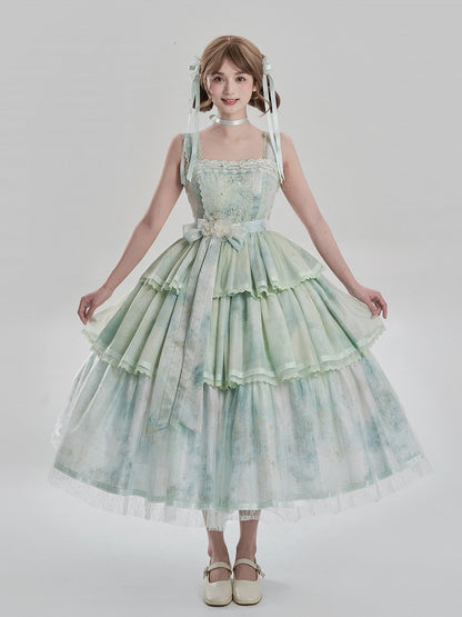 Painting and with JSK Hem Embroidery Dress Lolita Green Detail Print Tiered Oil