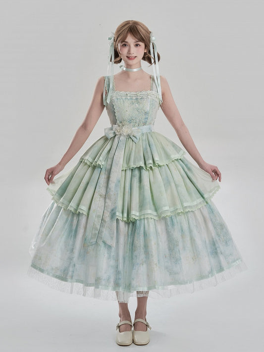 Painting and with JSK Hem Embroidery Dress Lolita Green Detail Print Tiered Oil