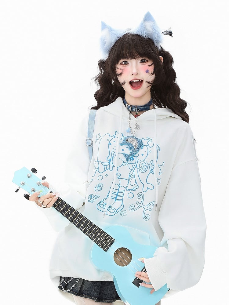 Cartoon Green/White/Blue Star Pocket Girl Daily Pattern and - Kawaii Convenient Hoodie