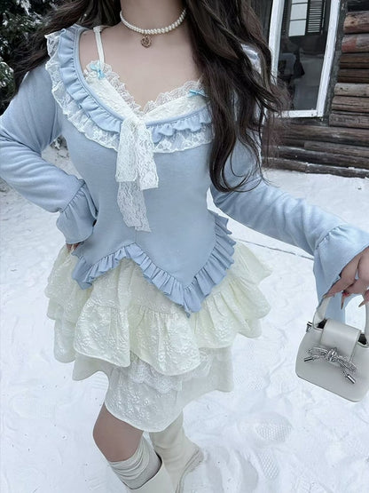 Plus Size Hellblaues zweiteiliges Top mit Rüschenbesatz und V-Ausschnitt und langen Ärmeln