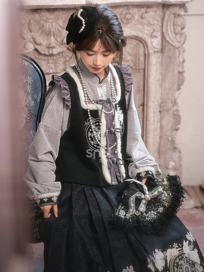 Black and Purple Moon Rabbit Cheongsam Style Vest
