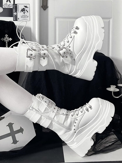 White in Boots System Kei Jirai Studs PU Platform Triple Details Fastening