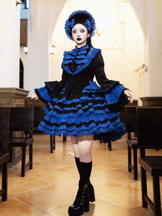 Mehrlagiger Lolita Gothic Blauer Taillenrock Hoher Schwarzer Klein und Korsett