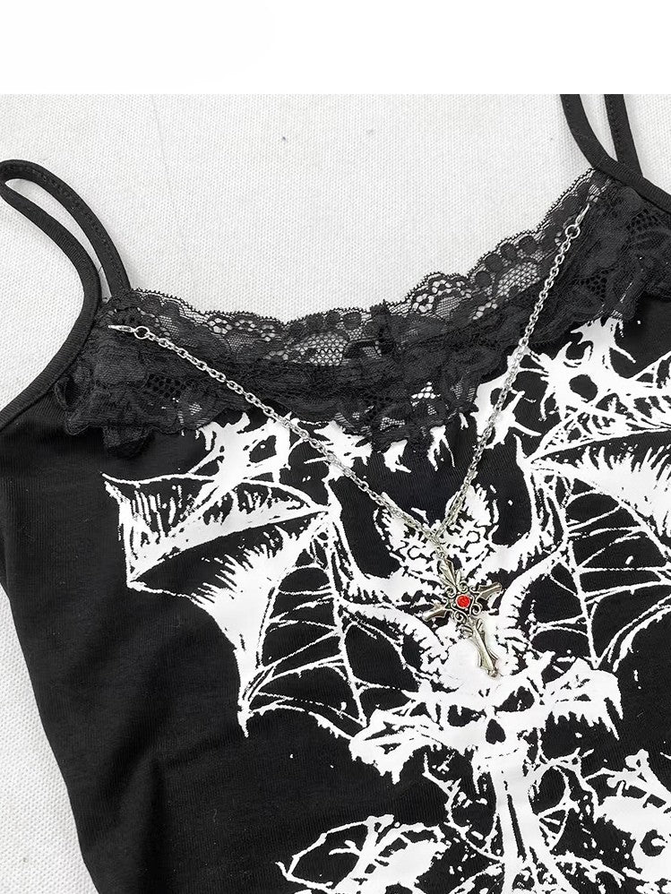 Schwarzes Camisole mit Fledermaus-Print und Spitzenbesatz
