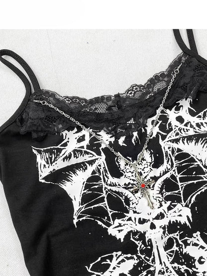 Bittersweet Print Bat Top Glamorous Cross Black And Trim Lace Cami