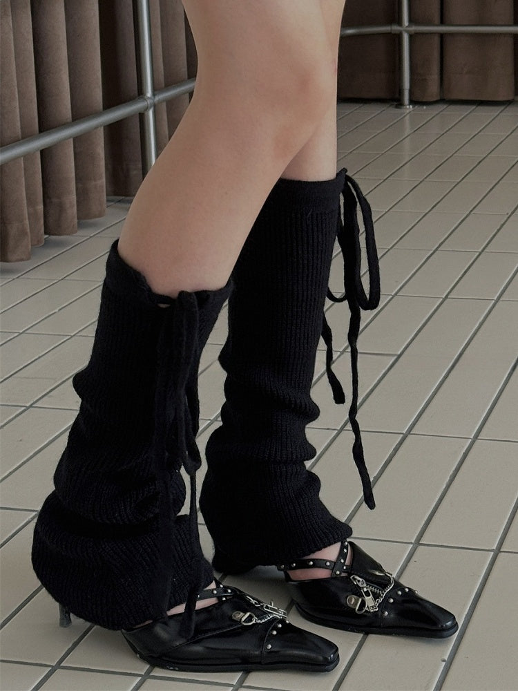 ホワイト/ライトグレー/ブラック/コーヒー/カーキ セルフタイストラップ ニットレッグウォーマー
