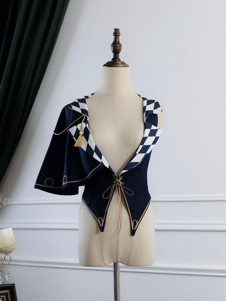 Blue Circus with Vibes Diamond Lolita Pattern Waistcoat Ouji Notched One-Shoulder Dark Collar Cape