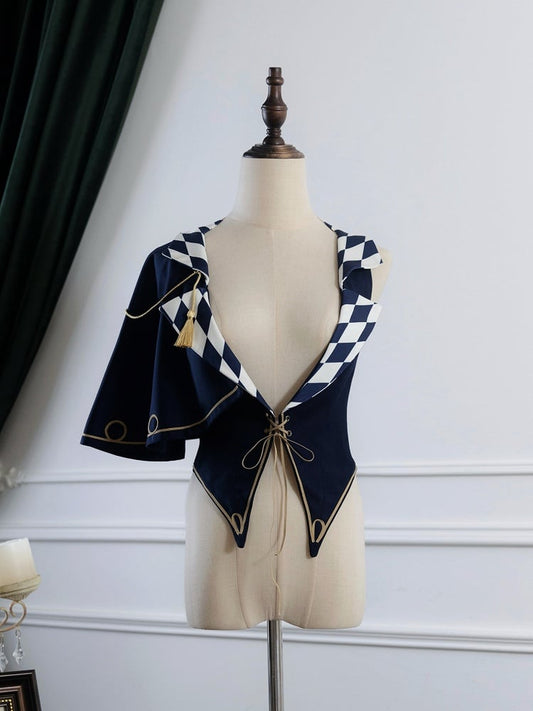 Blue Circus with Vibes Diamond Lolita Pattern Waistcoat Ouji Notched One-Shoulder Dark Collar Cape