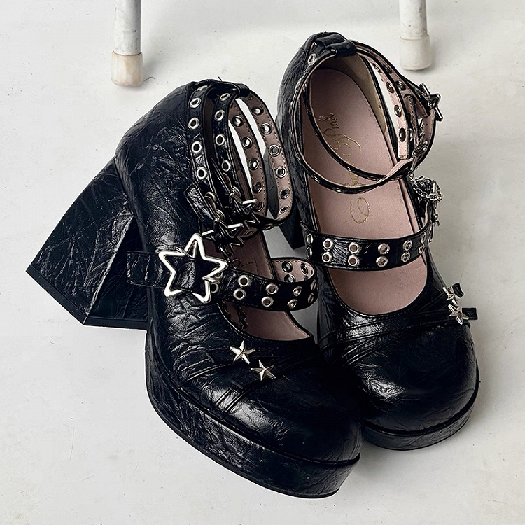 Platform Mary Edgy in Punk Chain - Detachable Charm Shoes Buckle with Style High-heel Star Black Jane