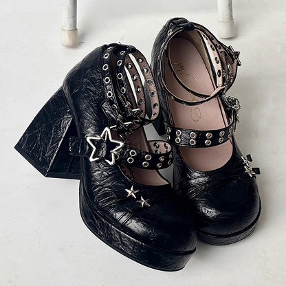 Platform Mary Edgy in Punk Chain - Detachable Charm Shoes Buckle with Style High-heel Star Black Jane