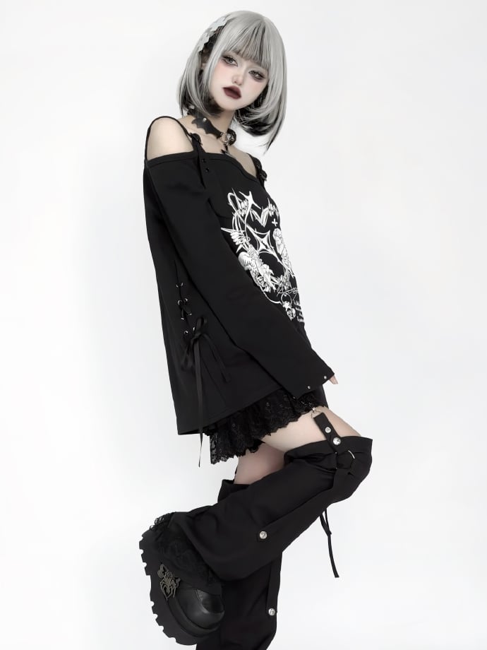 Studded Print Angel with Top Off-Shoulder Black Sleeves