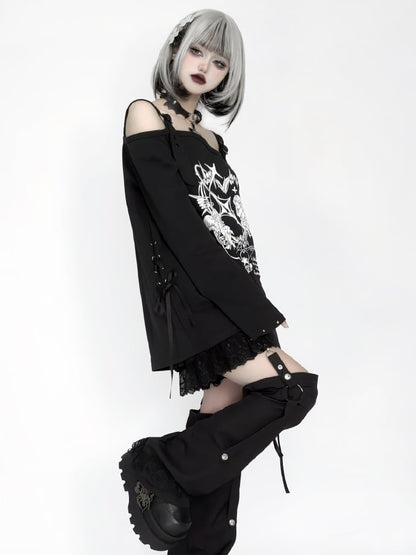 Studded Print Angel with Top Off-Shoulder Black Sleeves