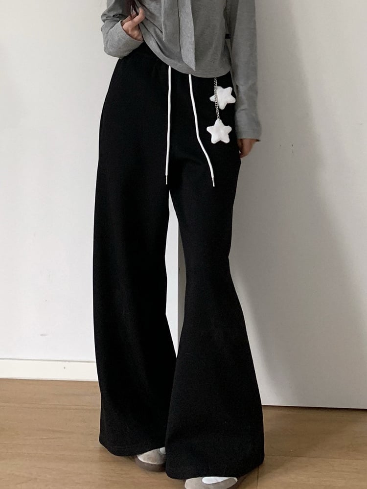 Waist Drawstring Version Straight-Leg Accent Lining with Star Pants Black/Gray CharmWing Regular/Fleece