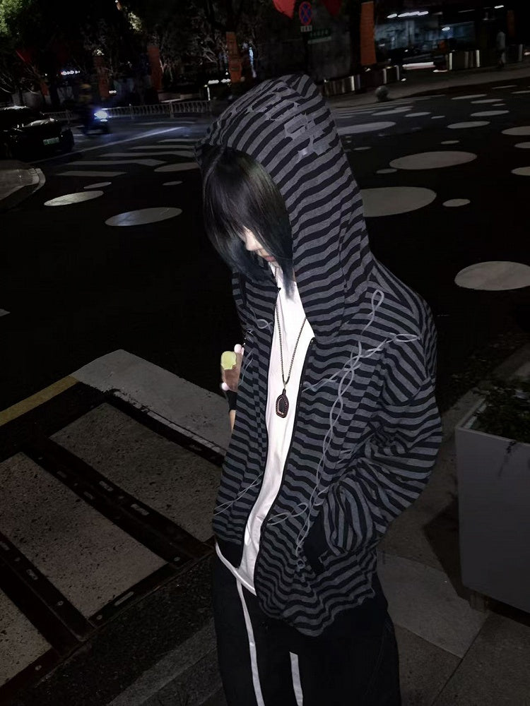 Hooded Cross Black Zip-up for Gray Chain Print Autumn Jacket Stripes with