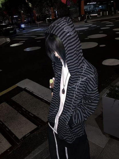 Hooded Cross Black Zip-up for Gray Chain Print Autumn Jacket Stripes with