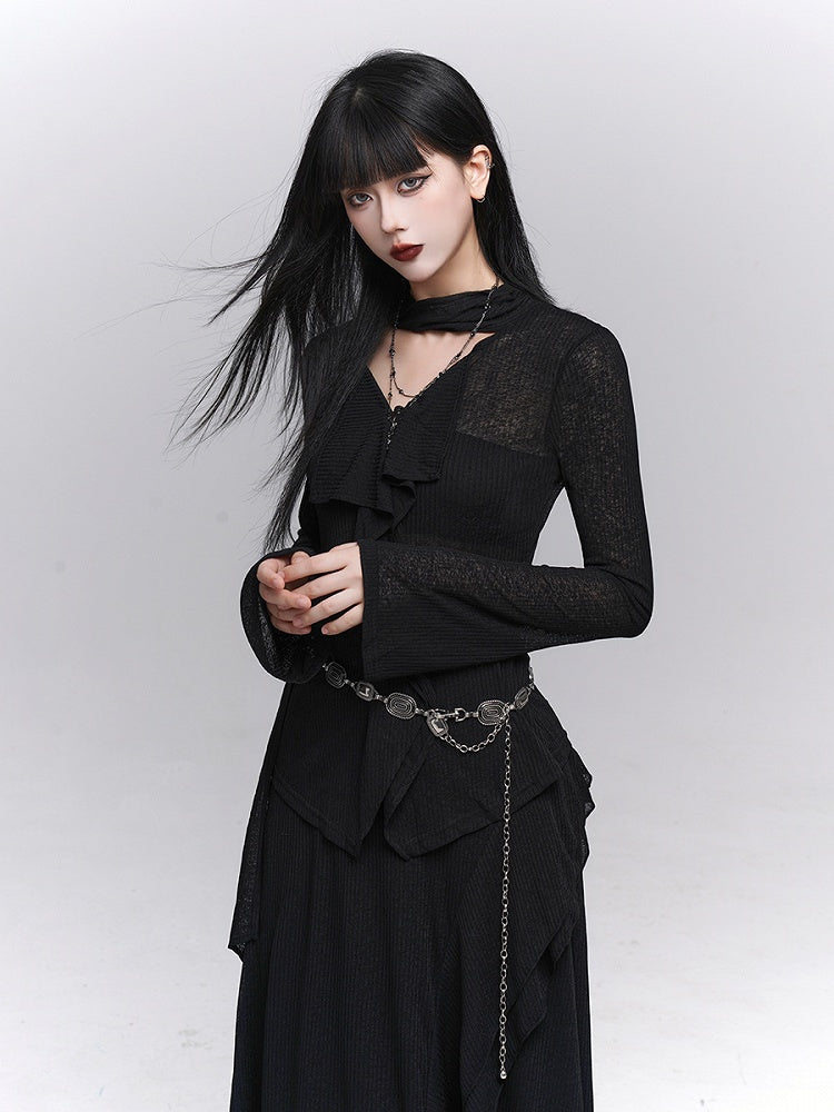 with V-Neck Ruffles Gothic Neck Cascading Black Attached Top