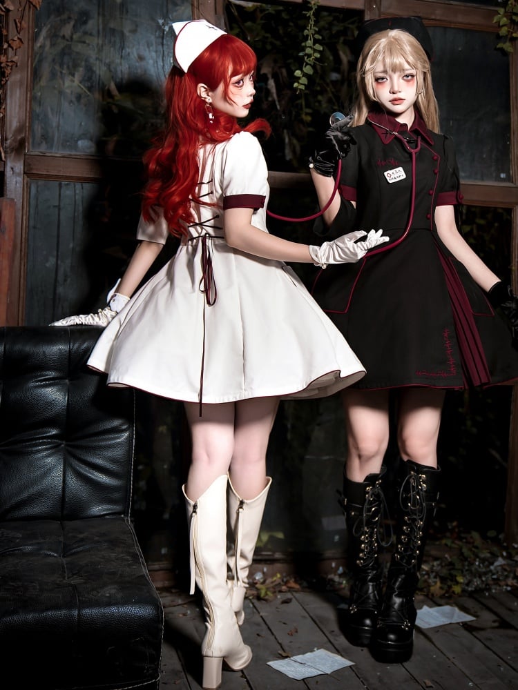 Weißes und rotes Halloween-Kostüm, Krankenschwester-Lolita-Kleid, komplettes Set